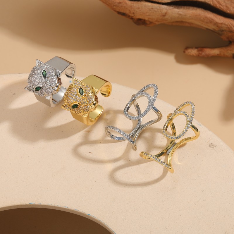 Anillos abiertos chapados en oro blanco chapado en oro de 14 quilates con incrustaciones de cobre y animales retro