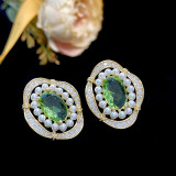 1 par de pendientes de circonita con perlas artificiales de cobre con incrustaciones ovaladas Retro para mujer
