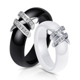Anillo de acero de titanio con diamantes con incrustaciones de doble X en blanco y negro de cerámica creativa