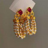 1 par de aretes de cobre con perlas de imitación, chapados en borlas geométricas, estilo clásico básico