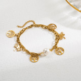 Pulseras chapadas en oro de 24 quilates con flores de perlas esmaltadas de acero inoxidable con forma de corazón de palma y ojo del diablo estilo IG