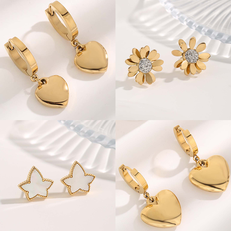 1 par de pendientes chapados en oro con incrustaciones de flores en forma de corazón Glam de estilo de hadas, carcasa de cobre y acero de titanio, circonita