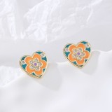 1 par de pendientes chapados en oro de 18K con incrustaciones de esmalte de flor en forma de corazón dulce con incrustaciones de circonita de cobre