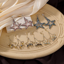 1 par de elegantes pendientes colgantes de circonita de cobre con incrustaciones de pentagrama de estilo coreano