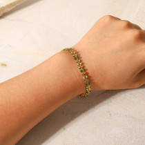 Pulsera de acero inoxidable con hoja de olivo y gota verde de oro de 18 quilates para mujer a la moda