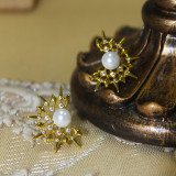 1 par de pendientes de circonita con perlas artificiales de cobre con incrustaciones geométricas Retro