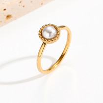 Venta al por mayor Anillos de perlas artificiales chapados en oro redondo de acero inoxidable 14K de estilo coreano