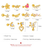 Pendientes de tornillo de cobre con forma de corazón, mariposa, flor, pluma, circón, Vintage
