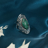 Nuevo Anillo de apertura Retro de estilo étnico, anillo ajustable de turquesa Natural de acero inoxidable