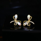 1 par de pendientes chapados en oro de 14K con incrustaciones de nudo de arco dulce estilo francés bonitos