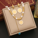 Elegante estilo Simple viaje redondo de acero inoxidable chapado en perlas de imitación pulseras pendientes collar