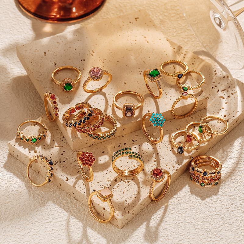 Anillos abiertos de circón con incrustaciones de cobre geométrico retro
