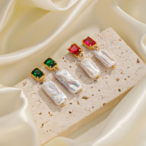 Pendientes colgantes chapados en oro de 14K, perlas barrocas con incrustaciones cuadradas, estilo barroco Retro, cristal Artificial de cobre, 1 par