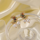 1 par de pendientes colgantes chapados en oro de 18 quilates con perlas de cobre y incrustaciones de luna de estilo simple