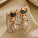 1 par de pendientes colgantes chapados en oro de 18 quilates con incrustaciones de cobre y perlas de agua dulce, estilo Vintage, estilo Simple, chapado ovalado