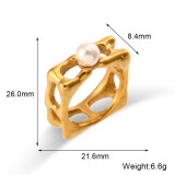 Anillos cuadrados de perlas artificiales chapados en acero inoxidable de moda