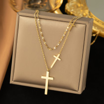 Collares de doble capa chapados en oro de 18 quilates con revestimiento de acero de titanio cruzado de estilo simple