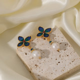 Pendientes colgantes chapados en oro de 18K, elegantes, artísticos, con incrustaciones de esmalte de flores, perlas de agua dulce de cobre, 1 par