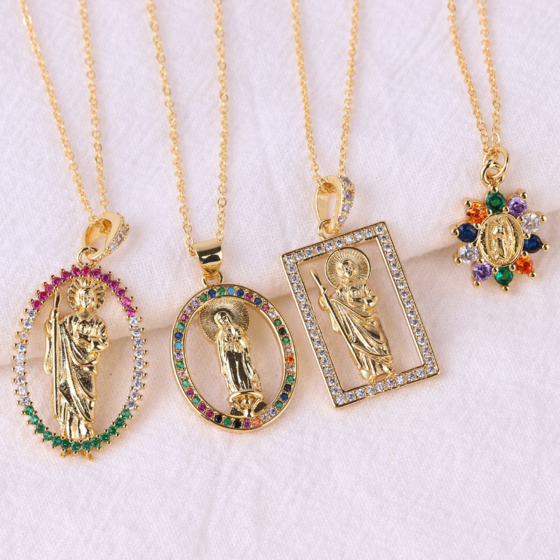 Collar con colgante de diamantes de imitación con incrustaciones de cobre ovalado cuadrado de la Virgen María Retro