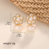 1 par de pendientes elegantes de circonita con perlas artificiales de cobre con incrustaciones de flores para el viaje para mujer