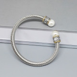 Brazalete de cable trenzado con perla de piedra natural con incrustaciones de acero inoxidable en forma de C retro