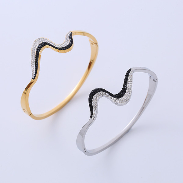 Pulseras de acero inoxidable con incrustaciones de circonio y brazalete de acero de titanio con ondas de estilo simple