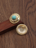 1 par de aretes chapados en oro turquesa con incrustación de cobre redondo ropa de calle Retro