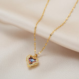 Collar con colgante de diamante artificial con incrustaciones de cobre y acero titanio en forma de corazón a la moda, 1 pieza
