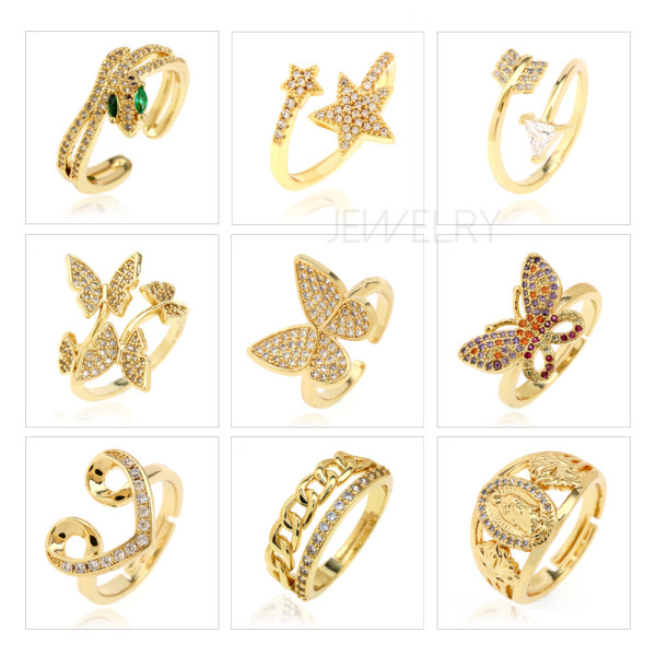 Anillo abierto de circón chapado en oro, cobre, mariposa, serpiente, estrella de moda, 1 pieza