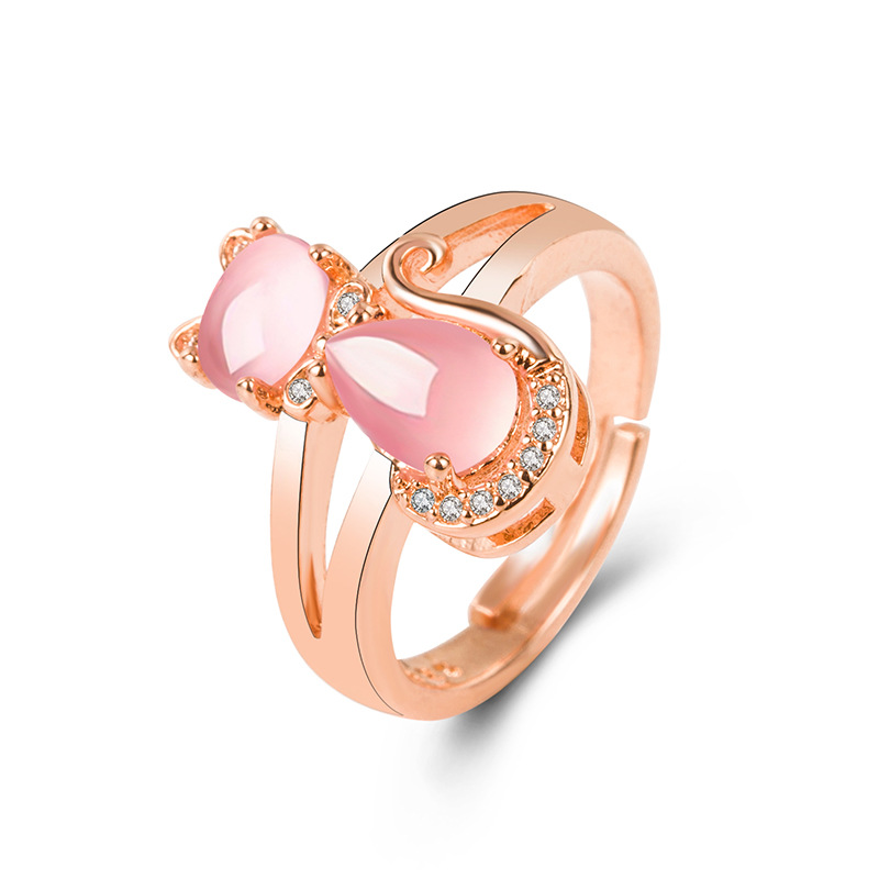 Anillo de gato de cristal rosa coreano, anillo abierto de moda con piedra de hibisco y diamante para mujer