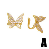 1 par de clips para las orejas chapados en oro de 18K con incrustaciones de mariposa y luna de hexagrama brillante con incrustaciones de cobre y circonita