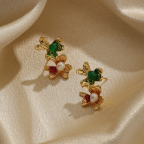 1 par de pendientes clásicos chapados en Flor Retro con incrustaciones de cristal de cobre y perlas de agua dulce chapados en oro de 18K