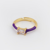 Anillo abierto de circonita con incrustaciones de esmalte de cobre rectangular para mujer