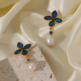 Pendientes colgantes chapados en oro de 18K, elegantes, artísticos, con incrustaciones de esmalte de flores, perlas de agua dulce de cobre, 1 par