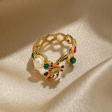 Anillos abiertos chapados en oro de 18 quilates con incrustaciones huecas de flor elegante estilo IG con circonita y perlas de agua dulce
