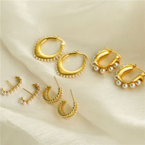 1 par de pendientes de perlas de cobre con incrustaciones en forma de U de estilo simple