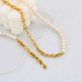 Collar de pulseras con cuentas de perlas de agua dulce de acero inoxidable con bloques de color de estilo simple