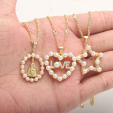 Collar con colgante de circonio de perlas artificiales chapado en oro y cobre con forma de corazón cruzado de pentagrama de estilo vintage básico a granel