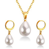 Collar de pendientes de perlas artificiales con incrustaciones de acero inoxidable con gotas de agua a la moda, 1 Juego