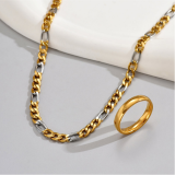 Conjunto de 2 piezas de collar de anillos chapados en acero inoxidable con bloques de color a la moda