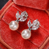 Pendientes colgantes de circonita con perlas artificiales y incrustaciones de cobre geométricas a la moda, 1 par