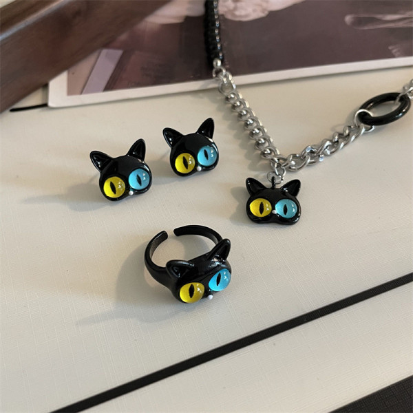 Señora estilo simple gato titanio acero chapado anillos pendientes collar