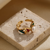 Anillos abiertos chapados en oro de 18 quilates con incrustaciones de perlas pintadas de cobre irregulares de viaje retro clásico
