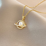 Collar con colgante de circonita y perlas de diamantes de imitación redondos de acero de titanio geométrico de estilo coreano coreano