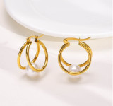 1 par de pendientes chapados en oro de 18 quilates con incrustaciones de acero de titanio y perlas artificiales estilo Simple estilo IG