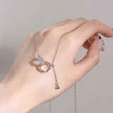 Collar con colgante Chapado en plata con incrustaciones de acero y titanio, anillo doble de estilo coreano brillante y dulce