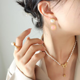 Pendientes colgantes de perlas artificiales, chapados en acero de titanio, cuadrados y redondos, elegantes, 1 par