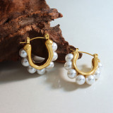 Pendientes geométricos elegantes de perlas artificiales chapados en acero de titanio, 1 par