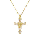 Collar con colgante chapado en oro con incrustaciones de cobre y acero inoxidable con forma de corazón y cruz humana, estilo Simple