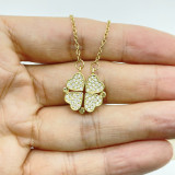 Collar con colgante de diamantes de imitación de acero titanio con forma de corazón de trébol de cuatro hojas a la moda